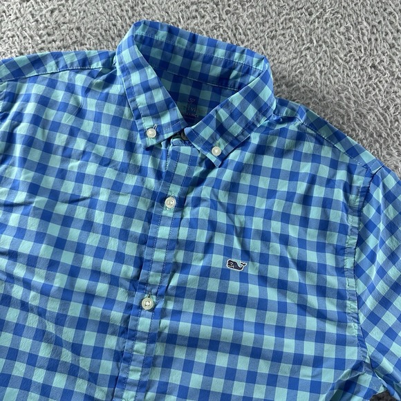 Vineyard Vines On The Go Performance Shirt Youth Large Mens Small Blue Gingham - Picture 1 of 8